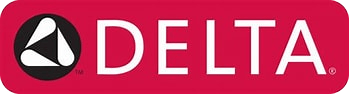 Delta logo in white font on a red background with a triangular symbol for faucets and fixtures