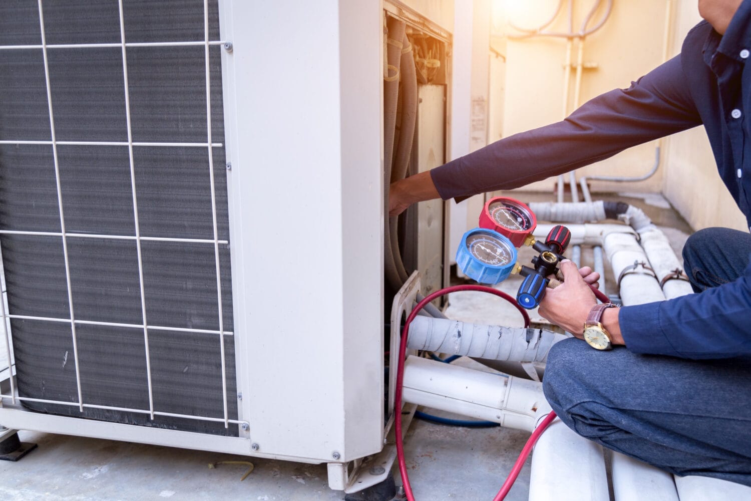 HVAC technician servicing an outdoor heat pump unit at a residential home in Pennsylvania