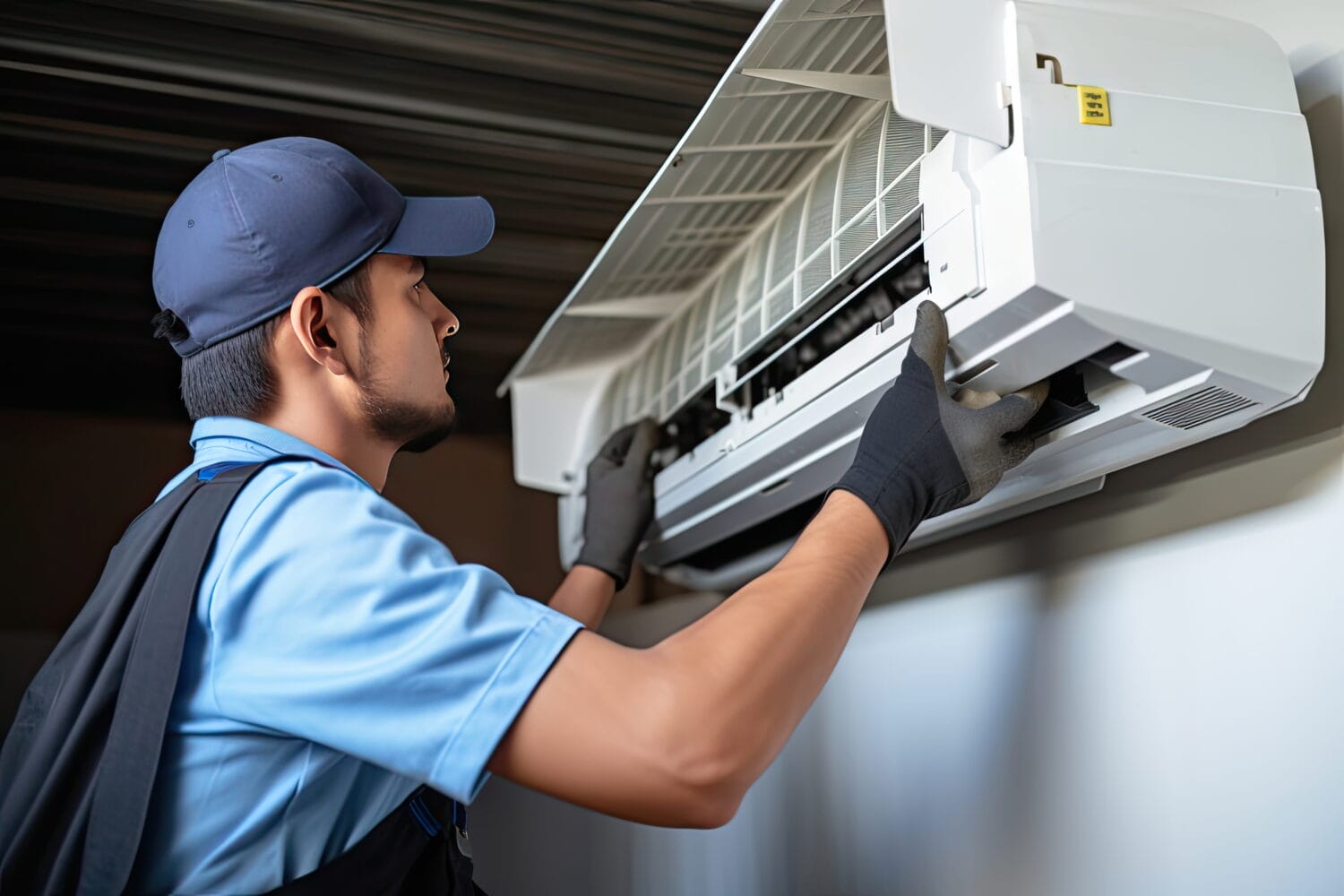 HVAC technician services a wall-mounted mini-split indoor unit, cleaning or replacing the air filter during routine maintenance.