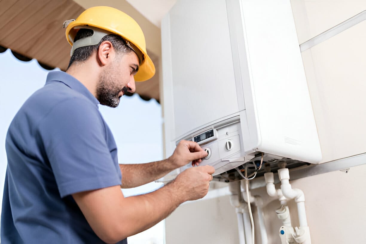 Man installing a water heater in a utility room, connecting pipes and securing fittings with tools.