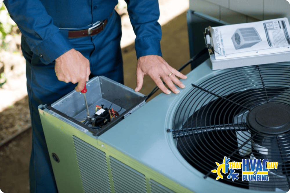 An HVAC technician repairing an air conditioning unit, using tools to inspect and fix the system, ensuring proper functionality and cooling efficiency.