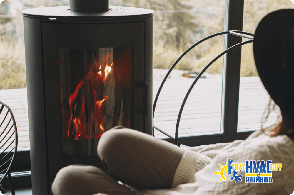 A woman sitting on a couch near a gas heater, enjoying the warmth while ensuring safe usage.