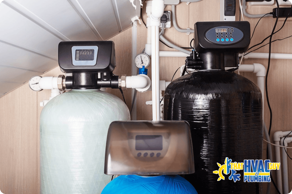 Water softener system installed indoors to address and treat hard water issues.