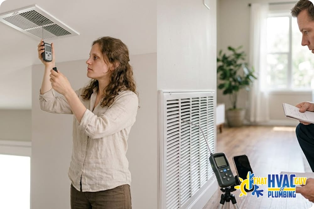 Technician and homeowner testing airflow from ceiling and wall vents with meters