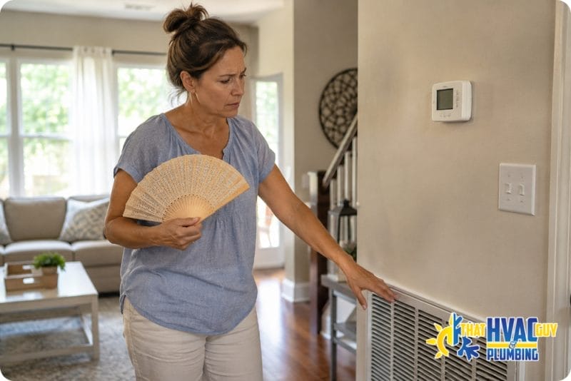 Woman fanning herself while checking a home AC vent and thermostat on a warm day