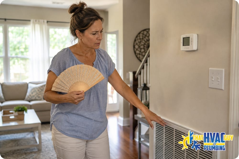 Woman fanning herself while checking a home AC vent and thermostat on a warm day