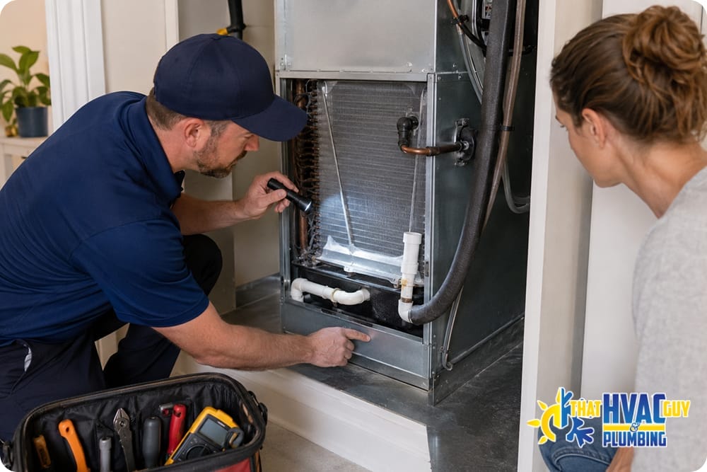 HVAC technician inspecting an indoor evaporator coil while homeowner watches