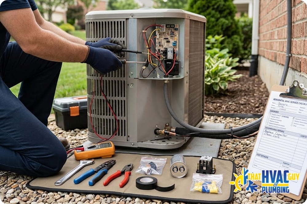 HVAC technician servicing an outdoor AC unit during maintenance.