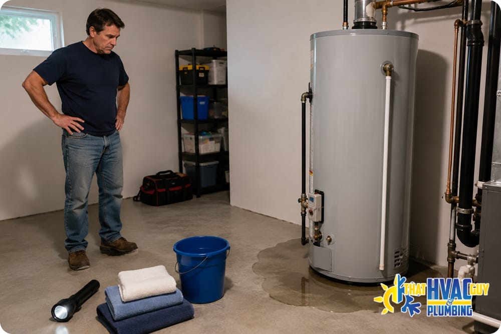Homeowner inspecting a leaking water heater with towels, bucket, and flashlight nearby